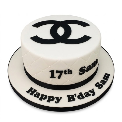 White and black Chanel inspired birthday cake with quilted design and custom age.