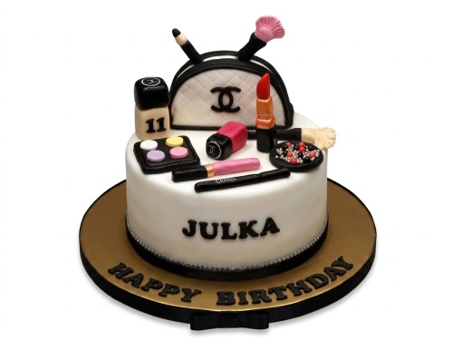 Two-tier white fashion and makeup themed birthday cake with a handbag, lipstick, and eyeshadow.