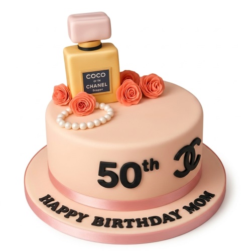 Peach birthday cake with Chanel-inspired perfume bottle, roses, pearls, and custom age.