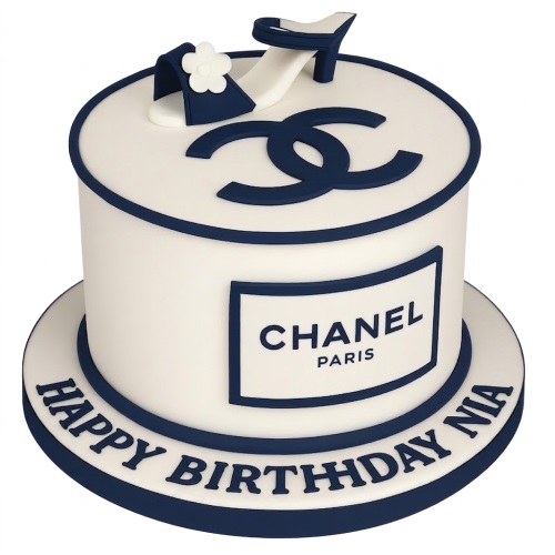 White and navy blue designer fashion birthday cake with high heel shoe and custom message.