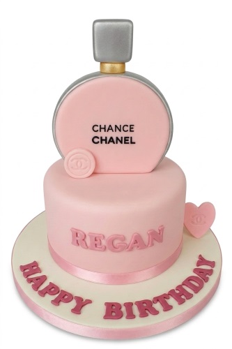 Two-tier pink cake with a Chanel Chance perfume bottle on top, personalised birthday cake.