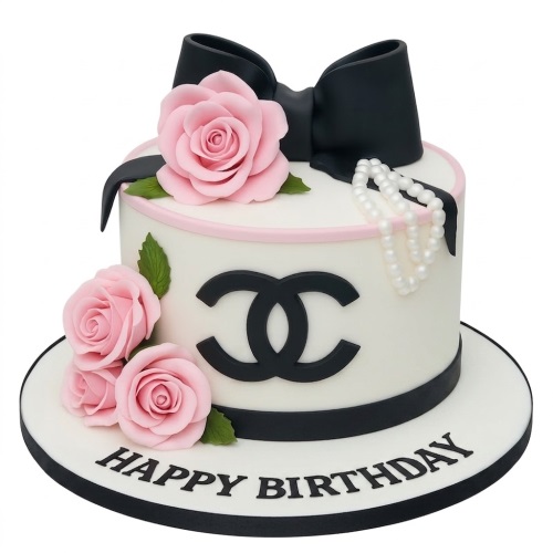White Chanel style birthday cake with black logo, pink roses, black bow, and white pearls.