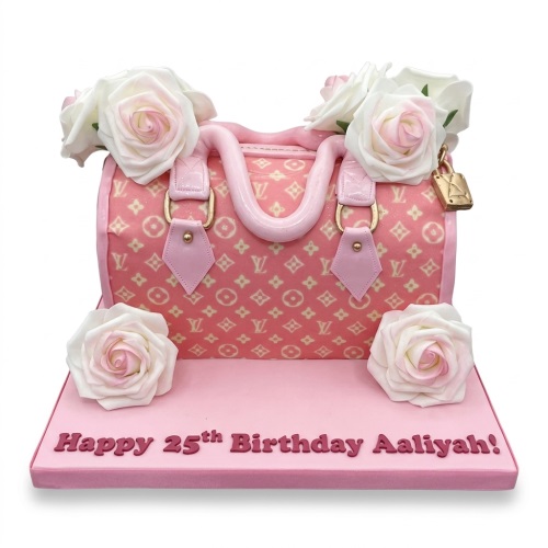 Pink designer handbag birthday cake with white and pink roses and a gold padlock.