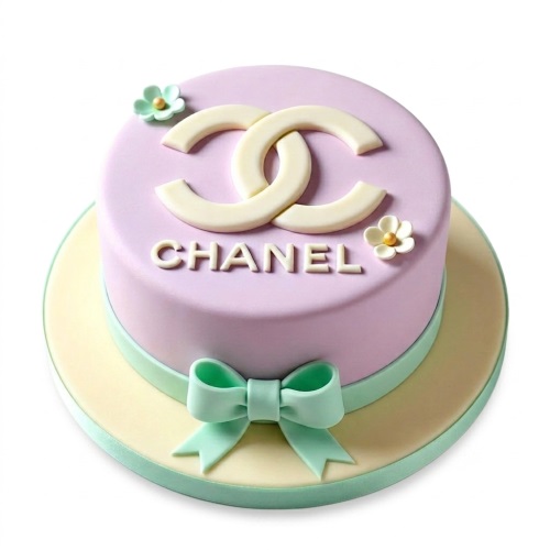 Round lavender Chanel birthday cake with cream logo, mint green ribbon, and small flowers.