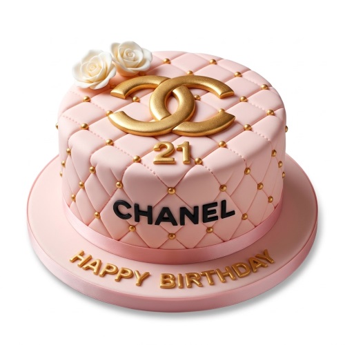 Pink quilted cake with gold Chanel style logo, gold beads, white roses, and 'Happy Birthday' text.