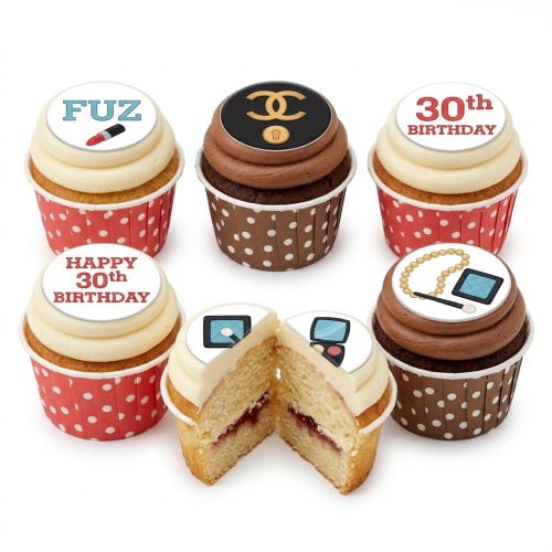 Cupcakes with designer logo, lipstick, eyeshadow, pearl necklace, and custom age toppers.