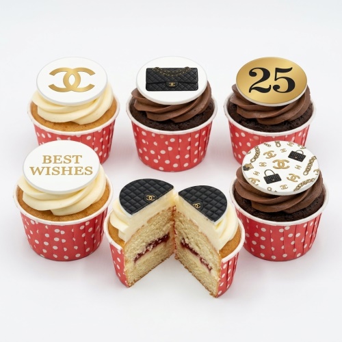Chanel inspired cupcakes with gold logo, black quilted handbag, and custom age/message toppers on white and chocolate frosting.