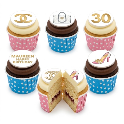Assortment of designer-themed birthday cupcakes with custom age and personalised message toppers.