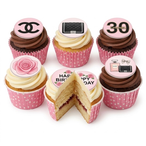 Chanel inspired birthday cupcakes with logo, handbag, perfume, rose, and custom age toppers.