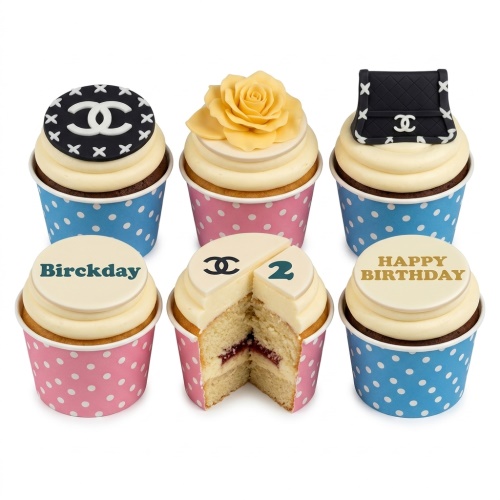 Six designer-style birthday cupcakes with Chanel-inspired logos, a handbag, yellow rose, and custom messages.
