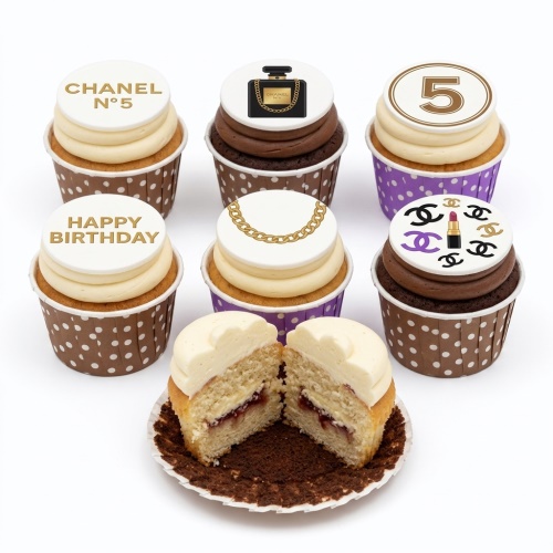 Chanel inspired cupcakes with perfume bottle, chain, logos, and 'Happy Birthday' message.