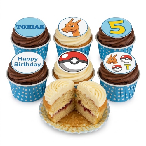 Pokemon themed cupcakes with Charizard, Poké Ball, custom age and message toppers.