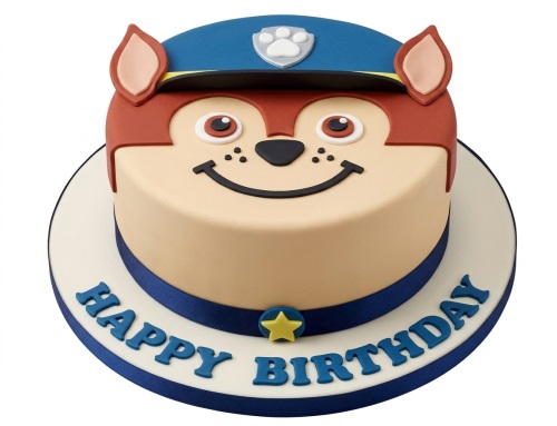 Paw Patrol Chase character birthday cake with blue hat and "Happy Birthday" message.