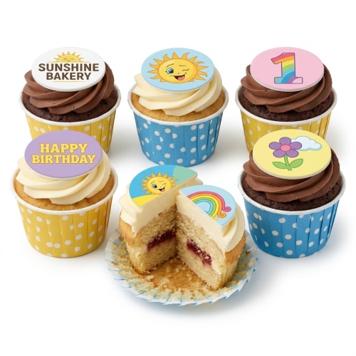 Assortment of kids birthday cupcakes with sun, rainbow, flower, and 'Happy Birthday' toppers.