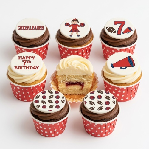 Cheerleader and American football themed birthday cupcakes with custom age topper.
