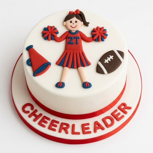 Round white cake decorated with a fondant cheerleader, pom-poms, megaphone, and American football.