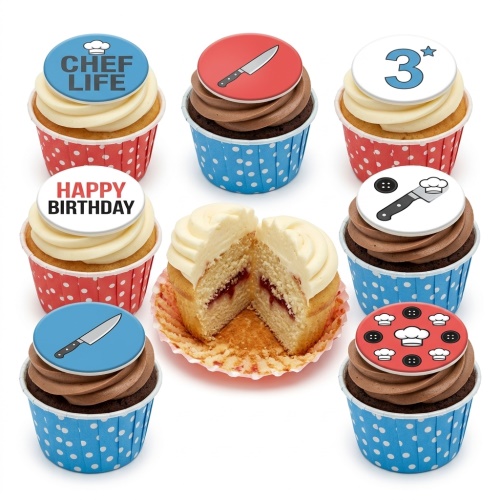 Assortment of chef-themed birthday cupcakes with chef hats, knives, and a custom age topper.