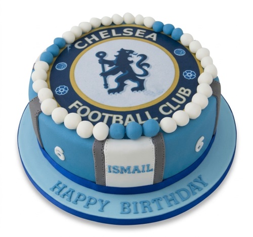 Round blue fondant cake with Chelsea Football Club logo, white and blue sugar pearls, and customisable name plaque.