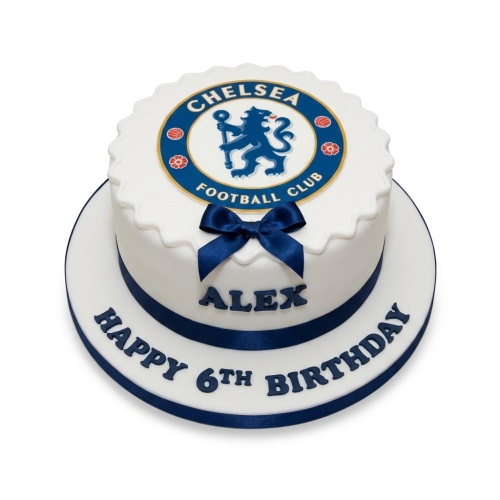 Round white fondant cake with a Chelsea Football Club logo and blue ribbon, personalised with a name and custom age.