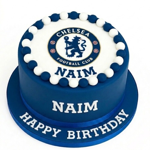 Round blue and white Chelsea Football Club birthday cake with edible balls and personalised message.