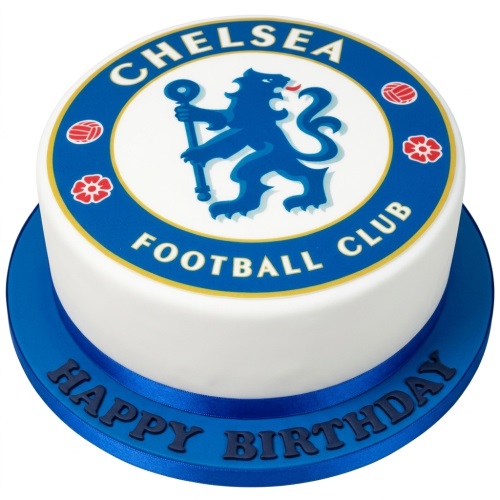 Round white cake with blue Chelsea Football Club logo and "Happy Birthday" message.