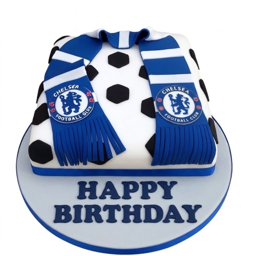 White cake decorated as a football jersey with a blue Chelsea Football Club scarf and 'Happy Birthday' message.