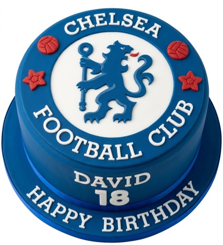 Round blue Chelsea Football Club birthday cake with custom name and age.