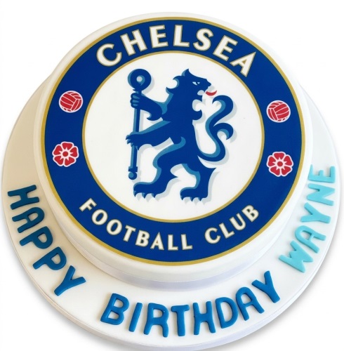Two-tiered round white cake with Chelsea Football Club logo and personalised birthday message.