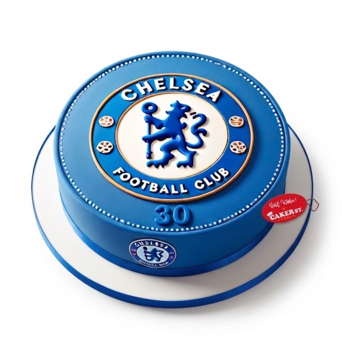 Round blue Chelsea Football Club birthday cake with large crest and custom age topper.