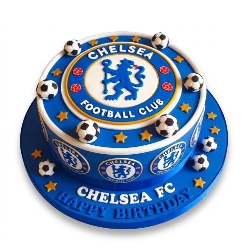 Two-tier Chelsea FC football birthday cake with club logo, footballs, and stars on a blue base.