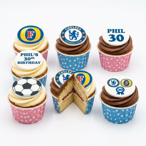 Seven cupcakes with Chelsea Football Club and Fosters beer logos, a football, and custom age and message toppers.
