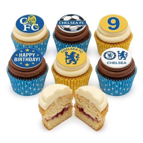 Chelsea FC themed birthday cupcakes with club crests, football logo, "Happy Birthday" message, and a number 9 topper.