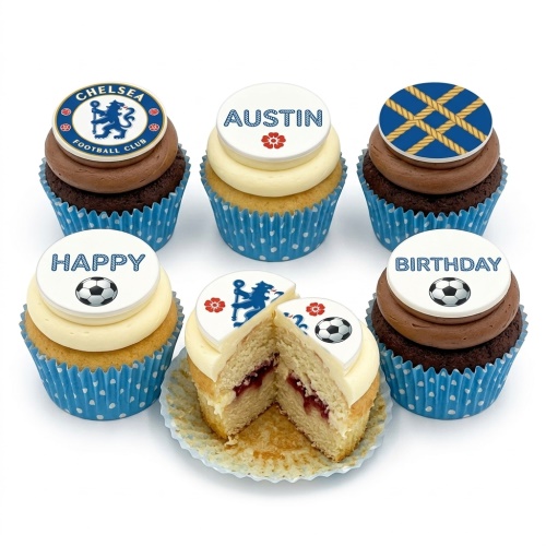 Six cupcakes with Chelsea FC logo, football, and custom message toppers in blue cases.