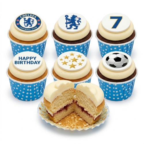 Set of Chelsea Football Club themed birthday cupcakes with custom age and football toppers.