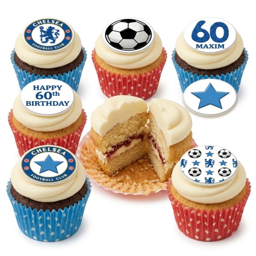 Chelsea FC football themed birthday cupcakes with custom age and football toppers.