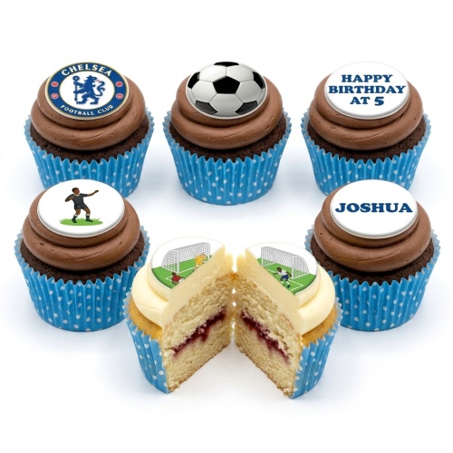Six football-themed cupcakes with blue polka dot wrappers, chocolate and vanilla frosting, and edible toppers featuring Chelsea FC logo, footballs, footballer, and a goal scene with custom age and name examples.