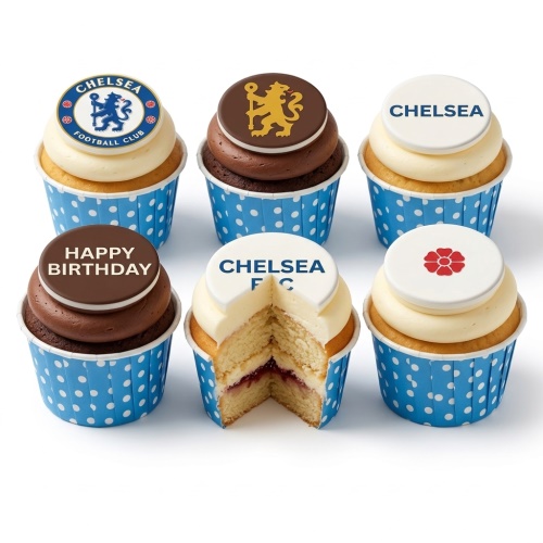 A set of Chelsea Football Club themed birthday cupcakes with club crests and "Happy Birthday" topper.