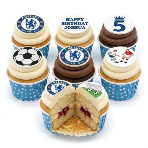Vanilla and chocolate cupcakes with Chelsea FC logos, footballs, players, and custom age toppers.