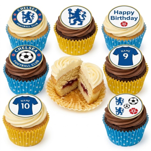 Chelsea Football Club themed cupcakes with club crest, football, and personalised jersey toppers.