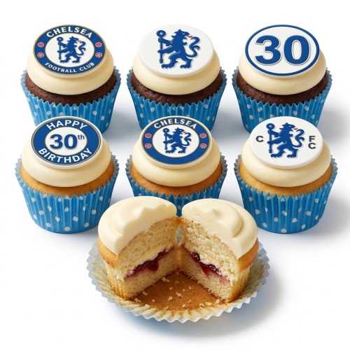 Chelsea FC themed cupcakes with blue and white frosting, some with custom age toppers.