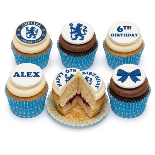 Six Chelsea Football Club themed birthday cupcakes with edible logos and custom age/name toppers.