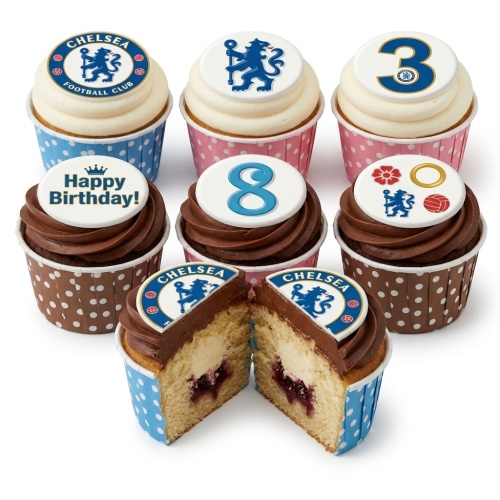 Chelsea Football Club themed cupcakes with blue and white frosting, Chelsea FC logo toppers, and custom age numbers.