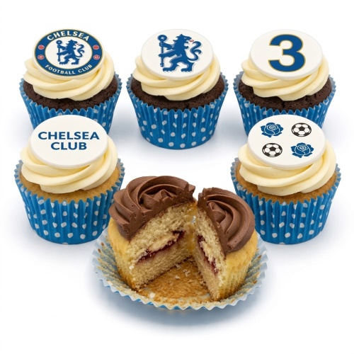 Chelsea FC themed cupcakes with club logo, "Chelsea Club" text, custom age topper, and football/rose decorations.