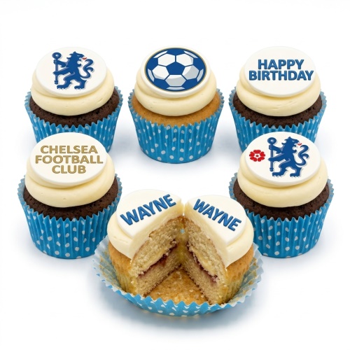 Chelsea Football Club birthday cupcakes with Chelsea crest, football, and 'Happy Birthday' toppers.