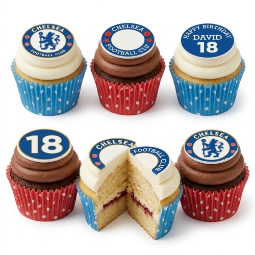 Chelsea Football Club themed birthday cupcakes with custom age and name toppers.
