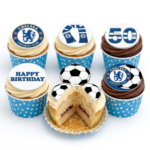 Set of Chelsea Football Club themed cupcakes with club crest, scarf, football, and 'Happy Birthday' toppers.