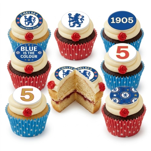 A selection of Chelsea Football Club themed cupcakes with blue and red cases, featuring Chelsea FC logos, "BLUE IS THE COLOUR", "1905", and a custom age topper.
