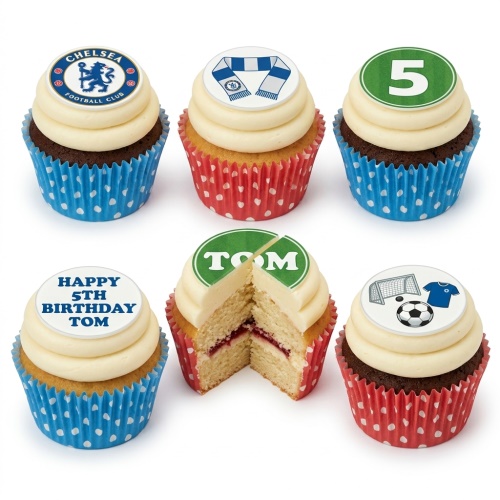 Chelsea Football Club themed cupcakes with club logo, scarf, football, goal, and custom age/name toppers.