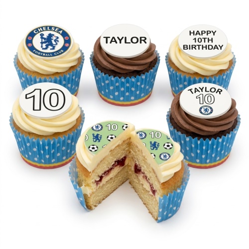Chelsea FC themed birthday cupcakes with vanilla and chocolate frosting, featuring Chelsea logo, footballs, and custom age toppers.