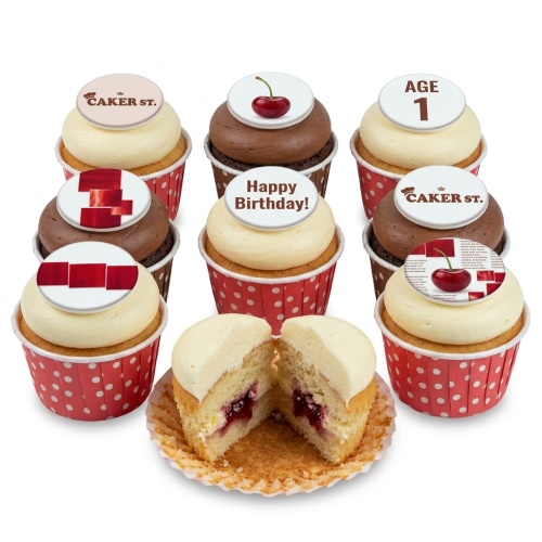 Assortment of vanilla and chocolate birthday cupcakes with custom age and Happy Birthday toppers.